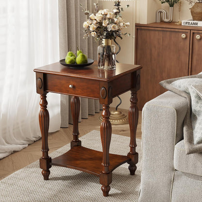 Victorian Solid Wood End Table Cherry Walnut Nightstand with Drawer and Storage Shelf