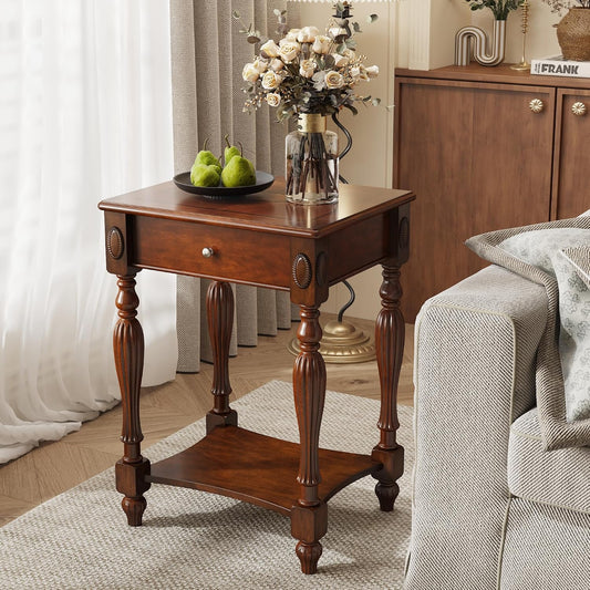 Victorian Solid Wood End Table Cherry Walnut Nightstand with Drawer and Storage Shelf