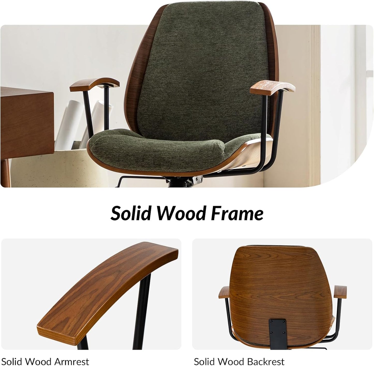 Green Solid Wood Office Chair Adjustable Swivel Mid Century Desk Chair
