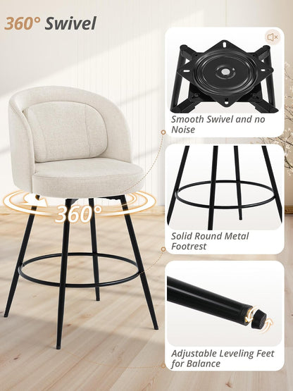 26 Inch Swivel Counter Height Bar Stools Linen Upholstered Black Metal Set of 2