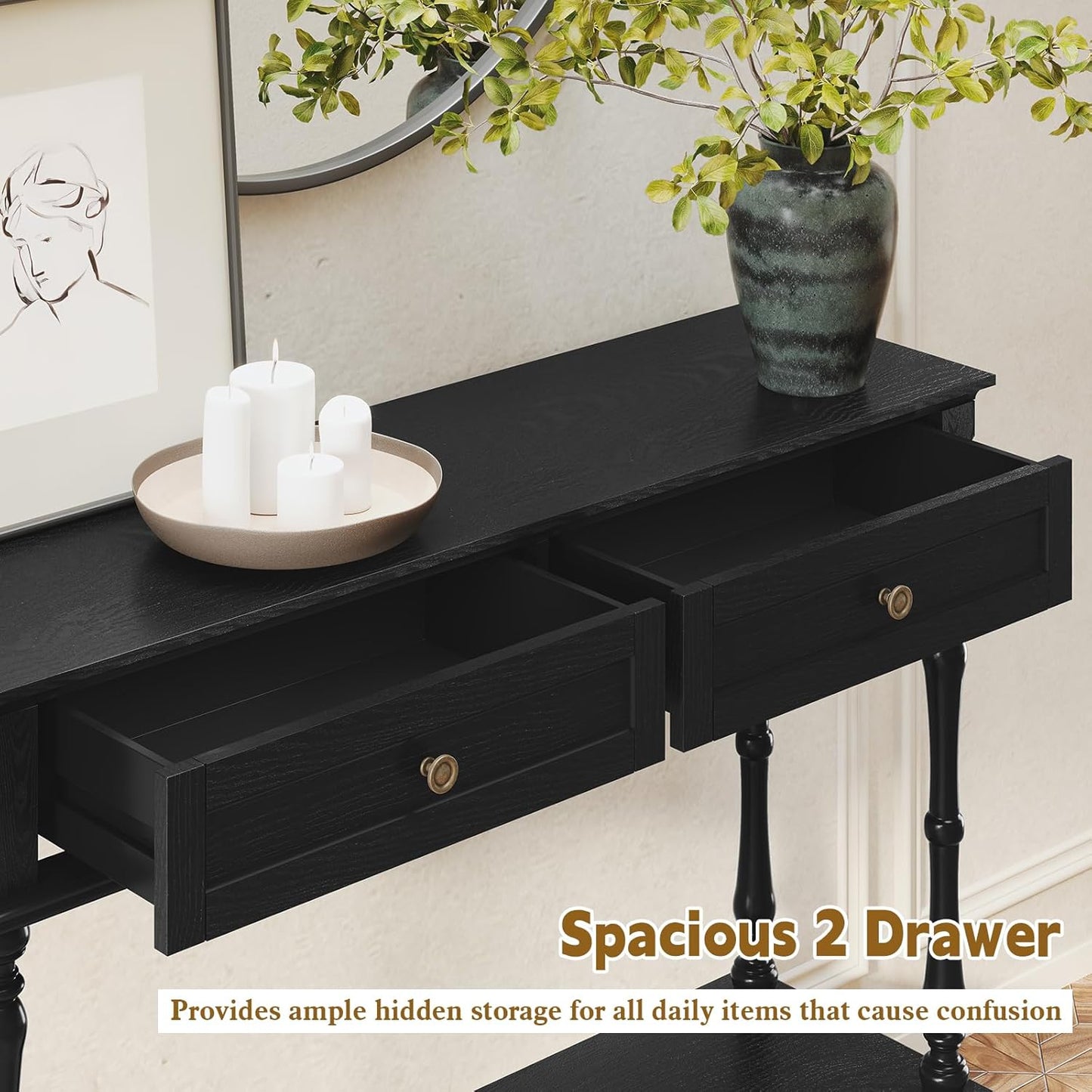 Green Console Table with Drawers Wood Entryway Table with Storage Shelf