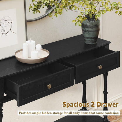 Green Console Table with Drawers Wood Entryway Table with Storage Shelf