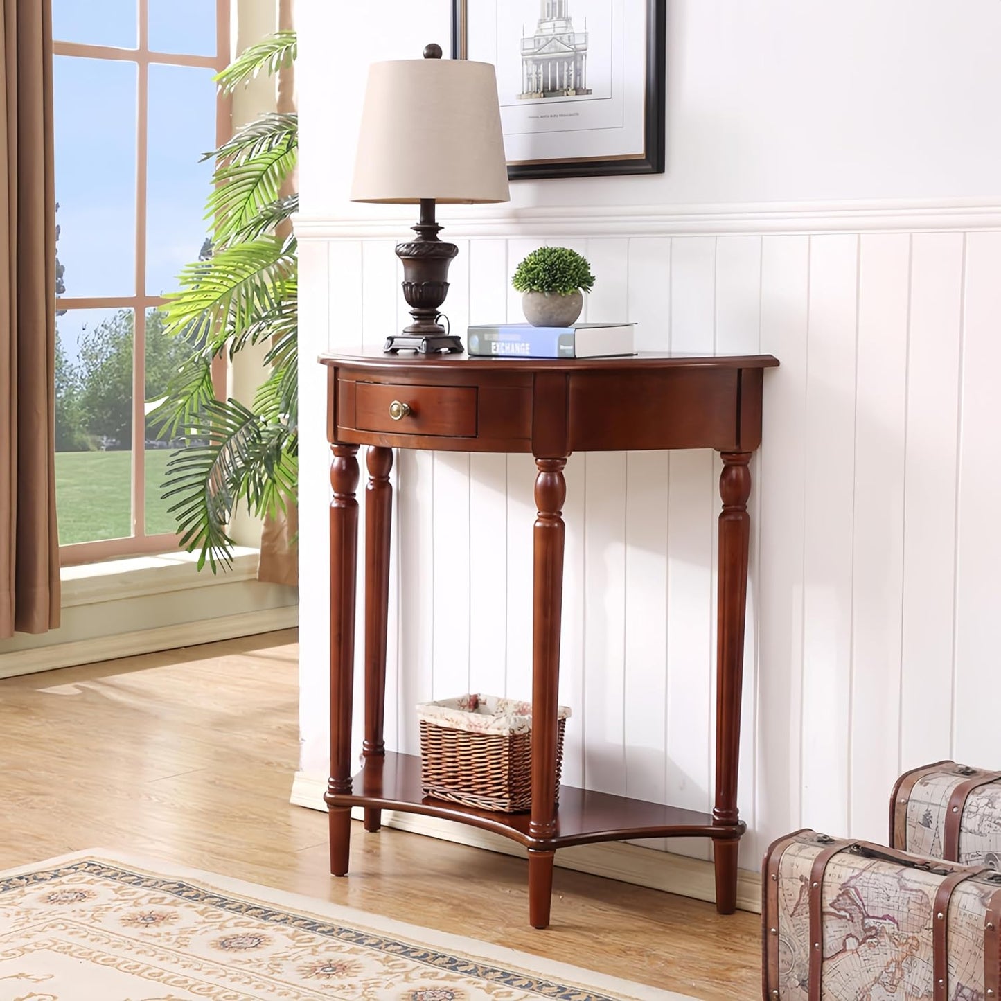 Solid Wood Half Moon Console Table with Drawer Cherry Wood Entryway Table