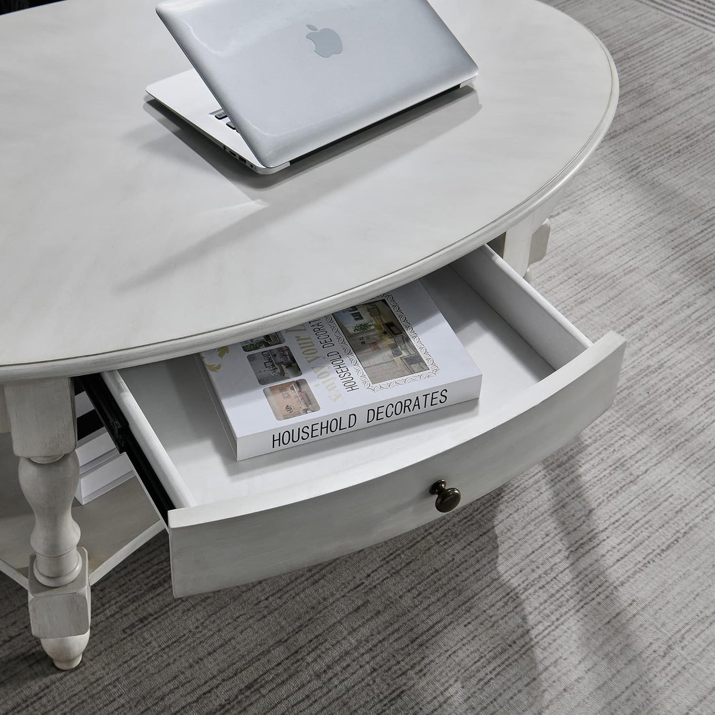Victorian Oval Solid Wood Coffee Table with Drawer Grey White Storage Table