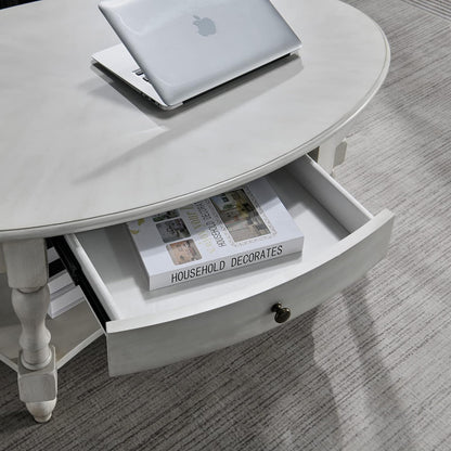 Victorian Oval Solid Wood Coffee Table with Drawer Grey White Storage Table