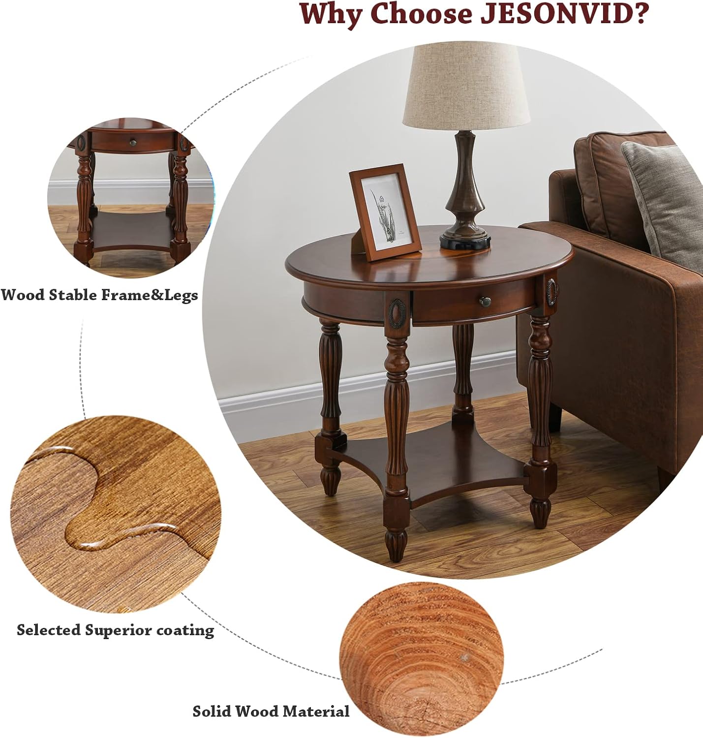 Solid Wood Oval End Table Cherry Walnut with Drawer and Storage Shelf