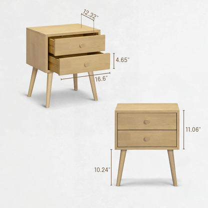 Solid Rubberwood 2-Drawer Nightstand – Sand Mid-Century Bedside Table