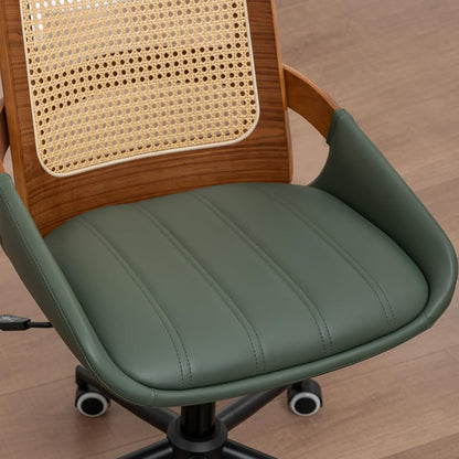 Walnut Rattan Office Chair Green Faux Leather Swivel Rolling Desk Chair