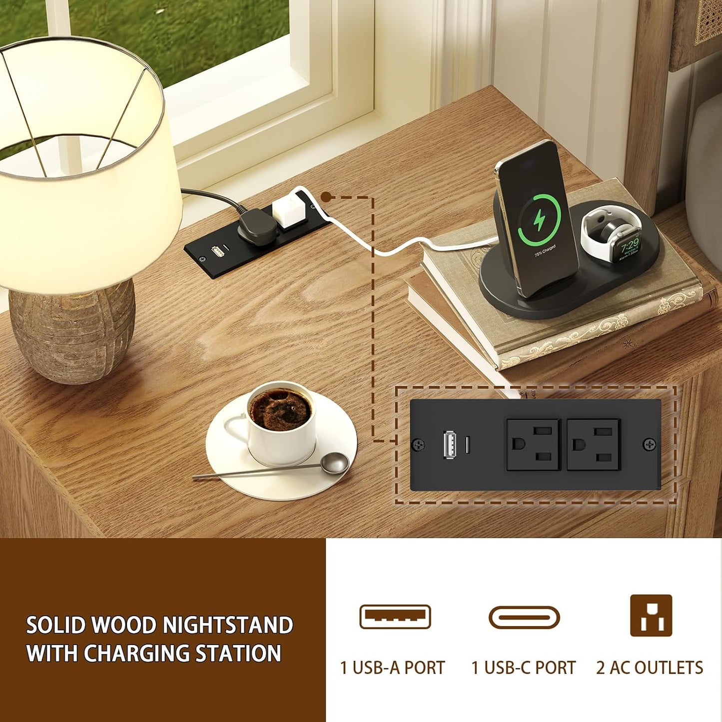 Solid Wood 2-Drawer Nightstand with Charging Station – Teak Farmhouse Bedside Table