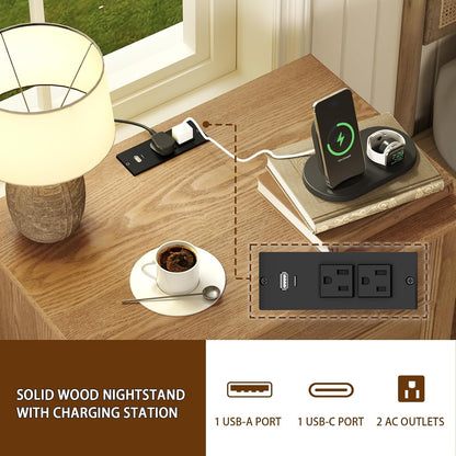 Solid Wood 2-Drawer Nightstand with Charging Station – Teak Farmhouse Bedside Table