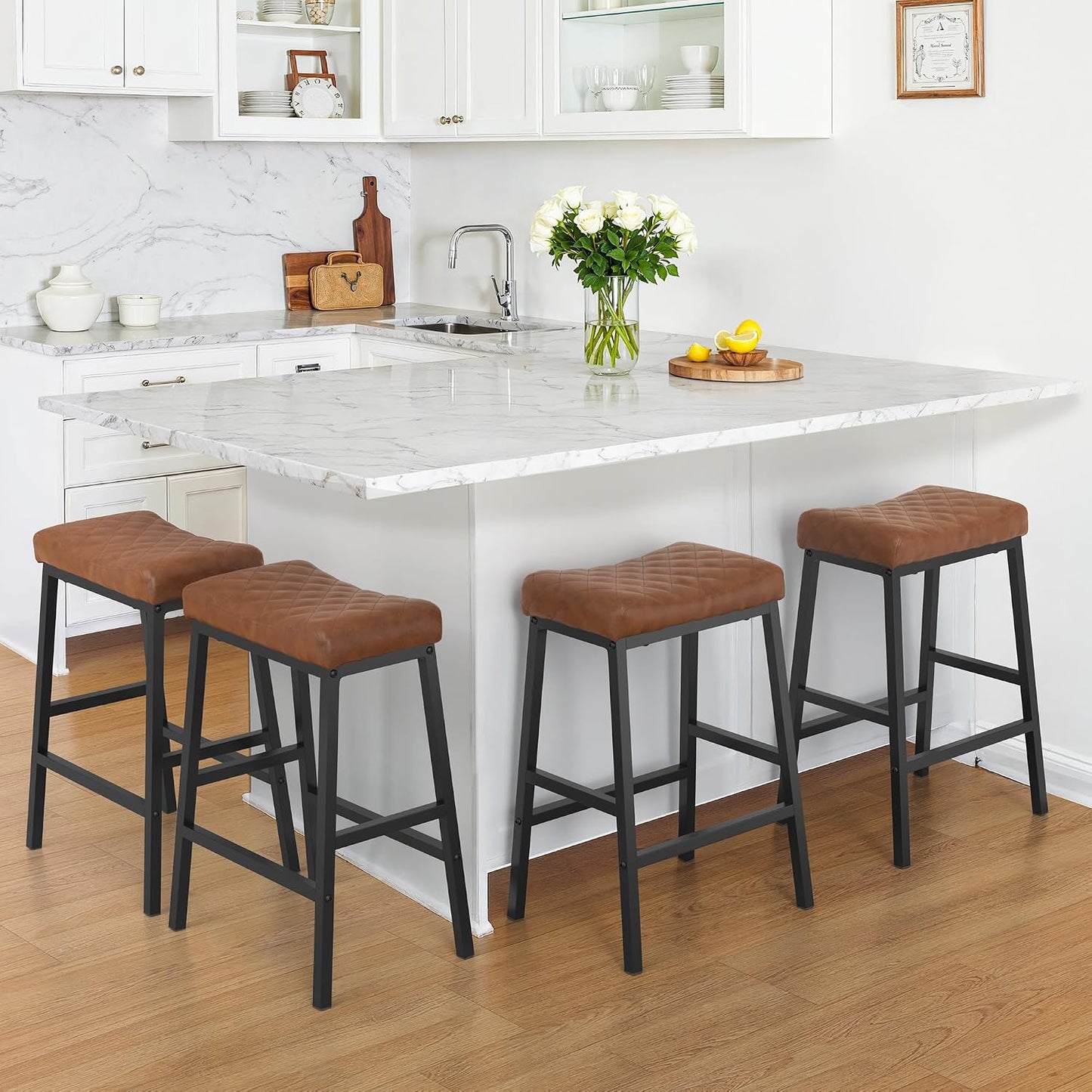 24 Inch Counter Height Bar Stools Set of 3 Brown Saddle Seats Black Metal Frame
