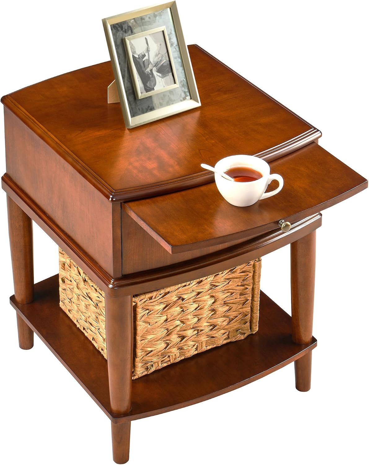 Solid Wood End Table with Drawer Pull Out Tray and Storage Shelf