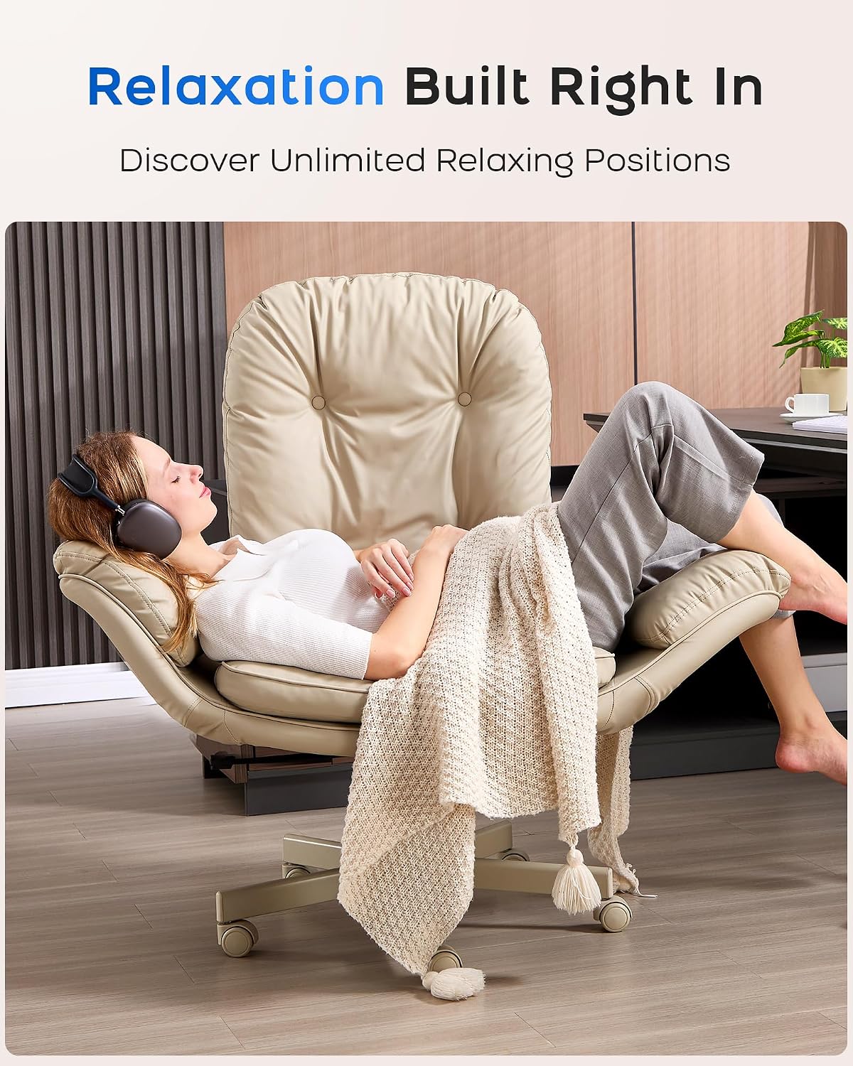 Beige Executive Office Chair Wide Seat Reclining High Back Rolling Desk Chair