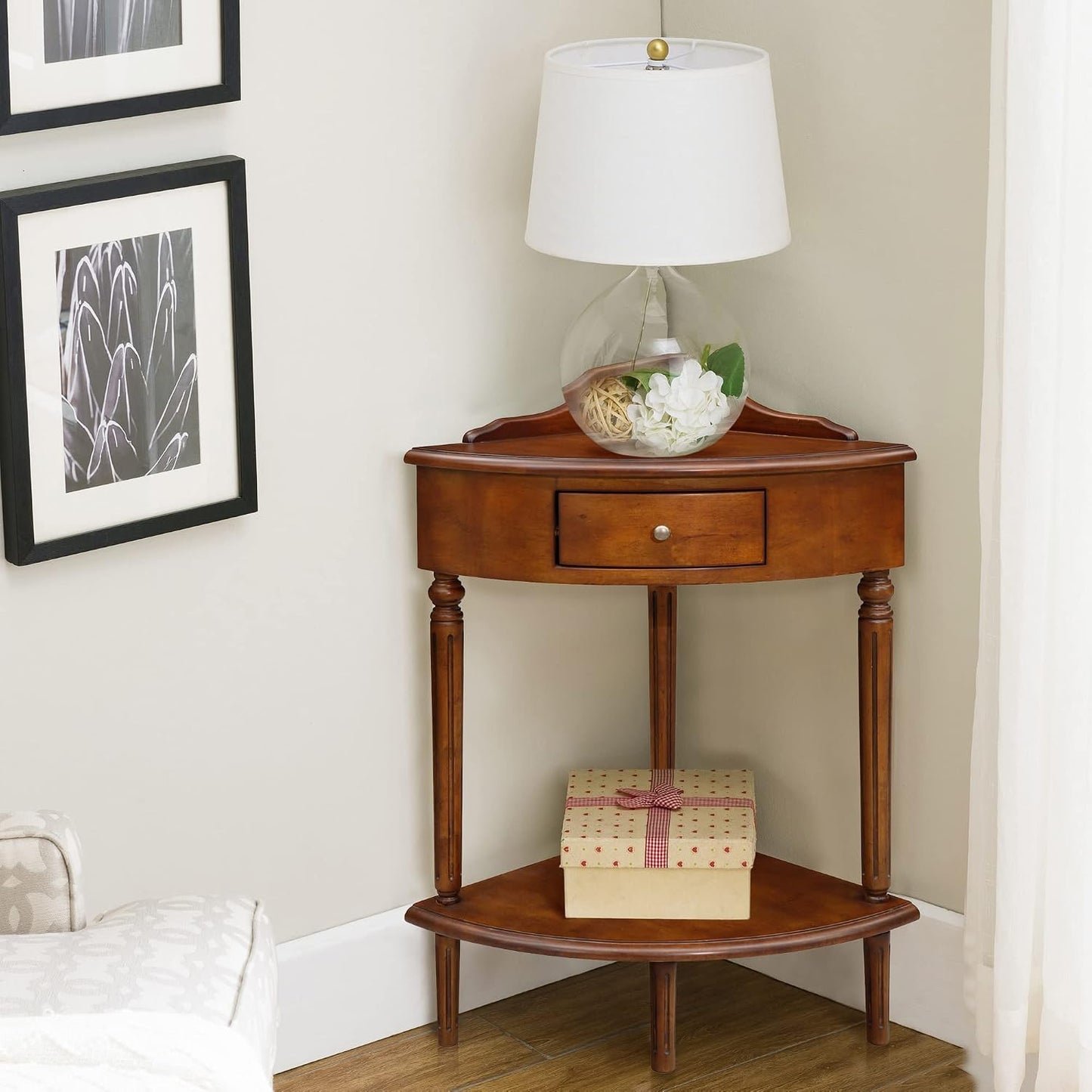 Solid Wood Corner End Table with Drawer Pecan Wedge Accent Table