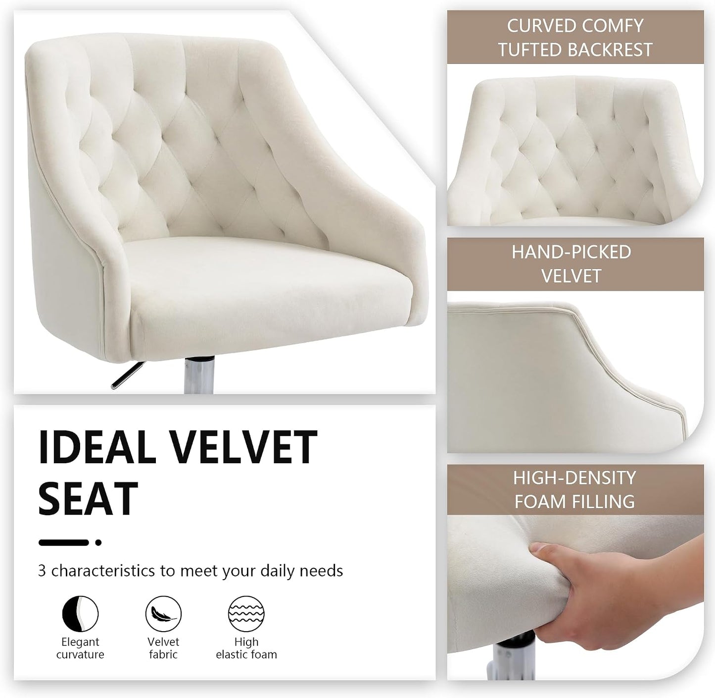 Ivory Velvet Office Chair Tufted Adjustable Swivel Vanity Chair with Wheels