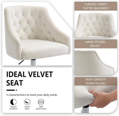Ivory Velvet Office Chair Tufted Adjustable Swivel Vanity Chair with Wheels