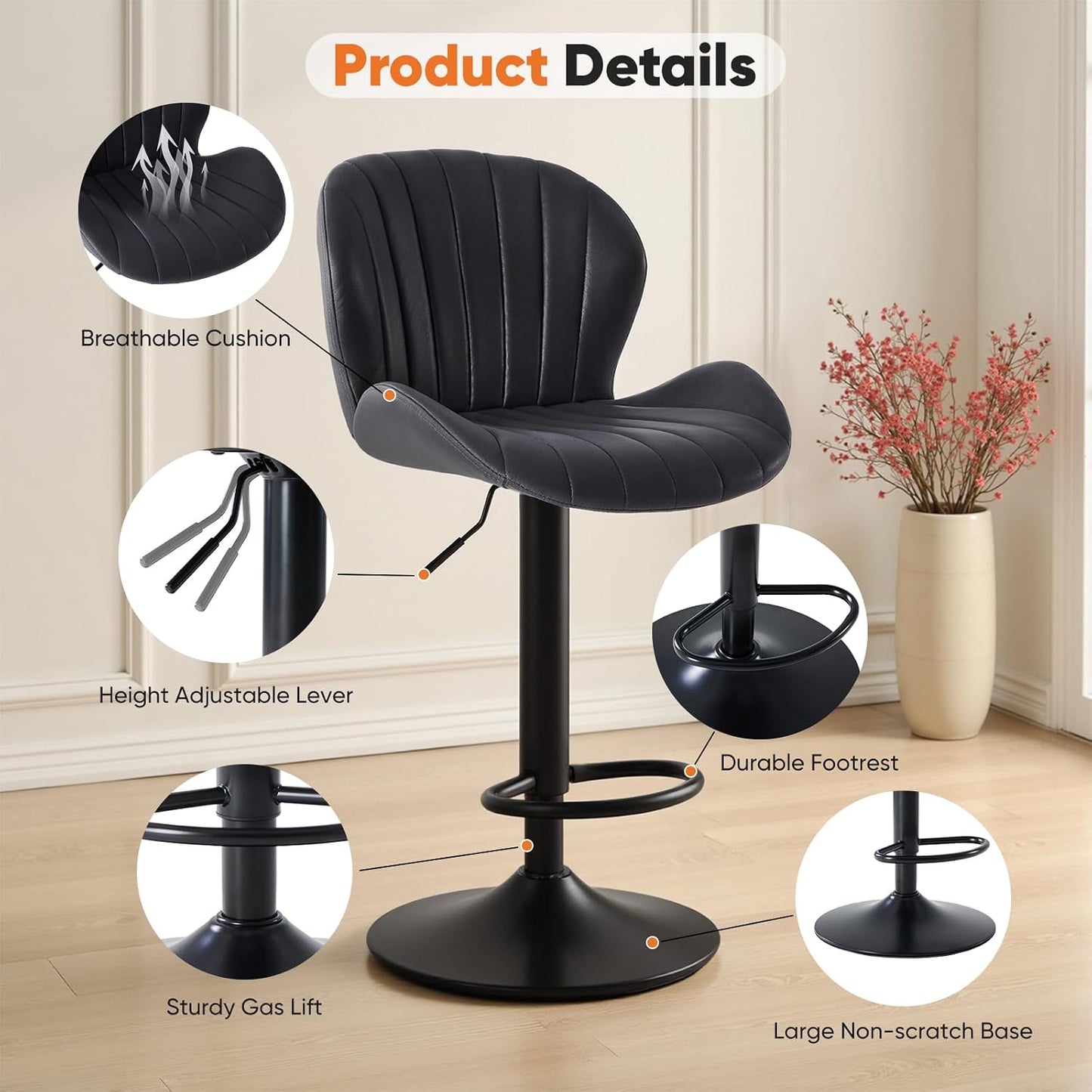 Adjustable Swivel Bar Stools Set of 2 Upholstered Kitchen Island Chairs