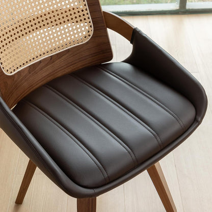 Walnut Cane Swivel Dining Chairs with Arms Black Faux Leather Set of 2