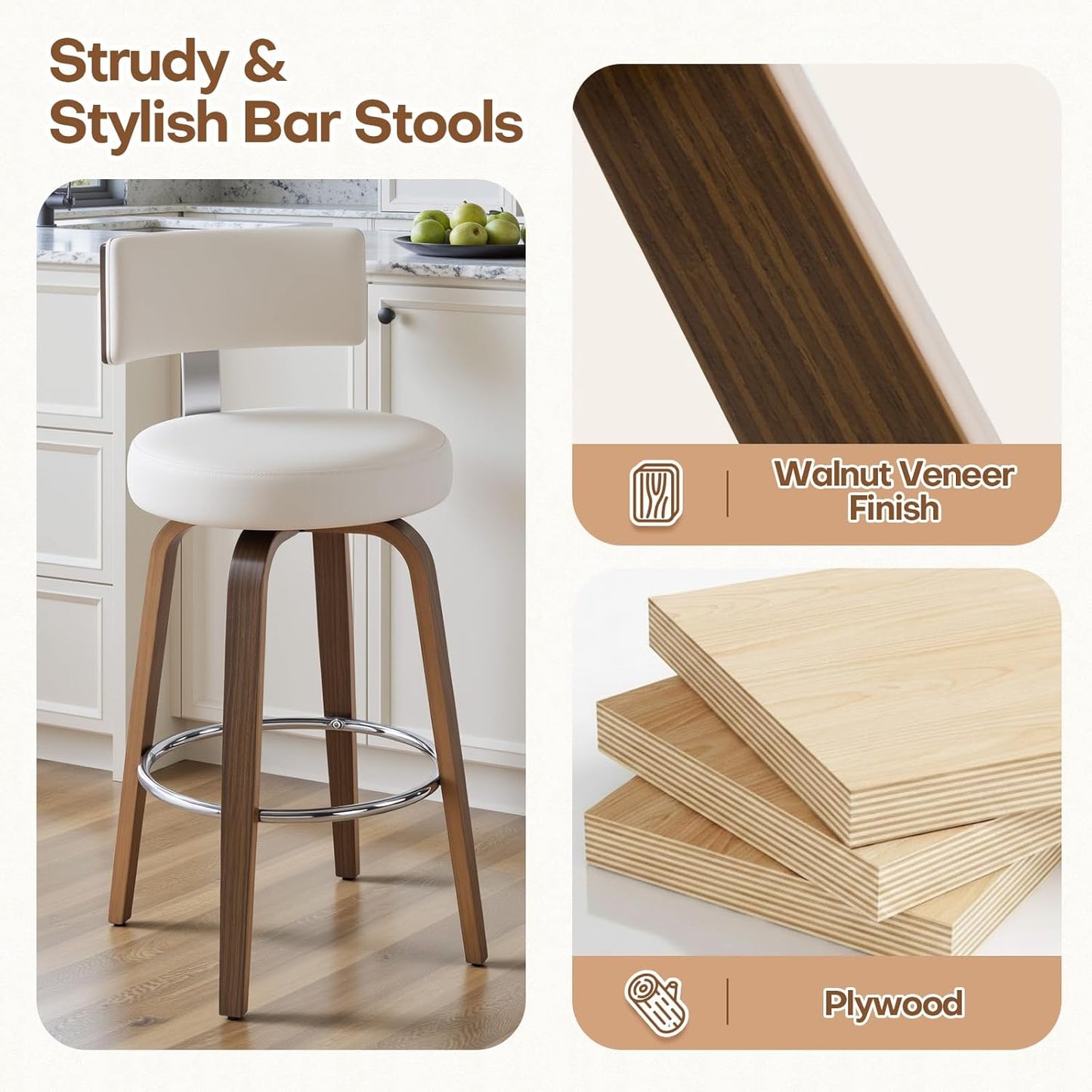 White Swivel Counter Stools Set of 2 Walnut Kitchen Island Chairs