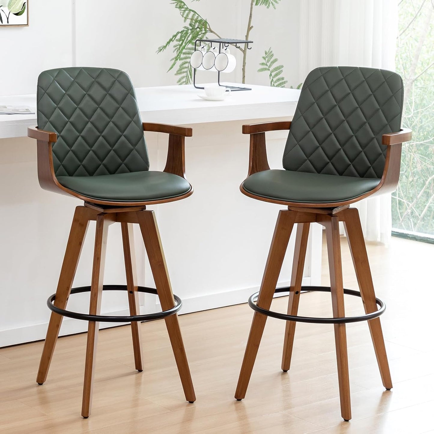 Walnut Swivel Bar Stool with Arms Beige Faux Leather Mid Century Chair