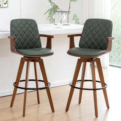 Walnut Swivel Bar Stool with Arms Beige Faux Leather Mid Century Chair