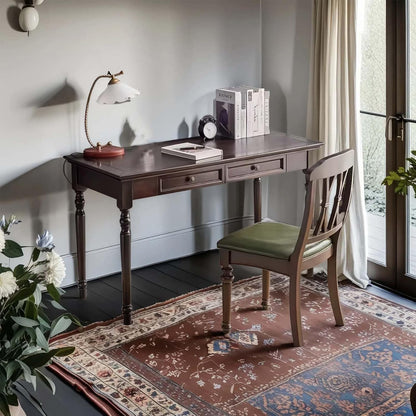 French Country Solid Wood Writing Desk with 2 Drawers Beige Farmhouse Table