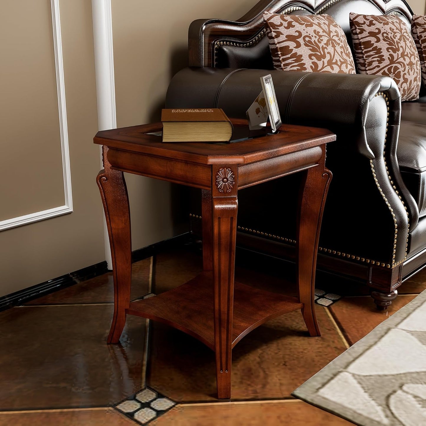 Solid Wood Square End Table with Glass Top and Storage Shelf