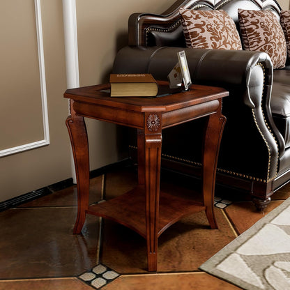 Solid Wood Square End Table with Glass Top and Storage Shelf