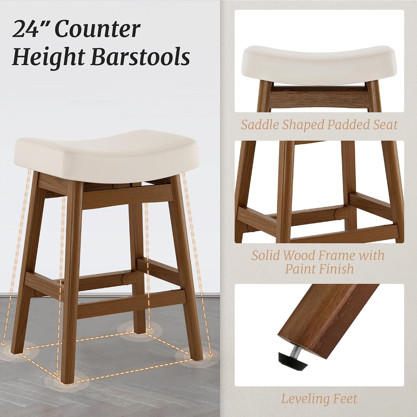 24 Inch Counter Height Bar Stools Set of 2 Antique White Saddle Seats