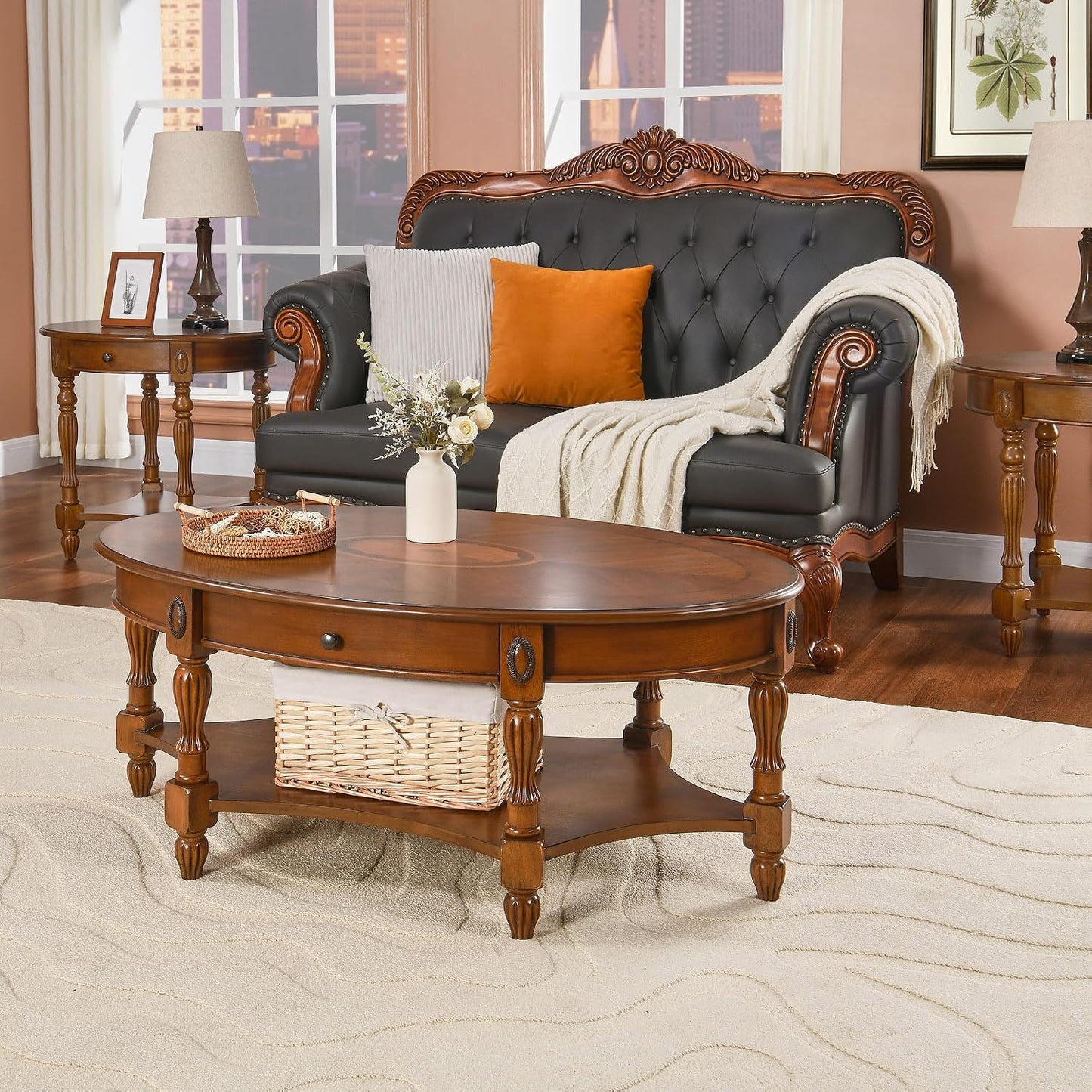 Solid Wood Coffee Table with Drawer Caramel Brown Storage Table