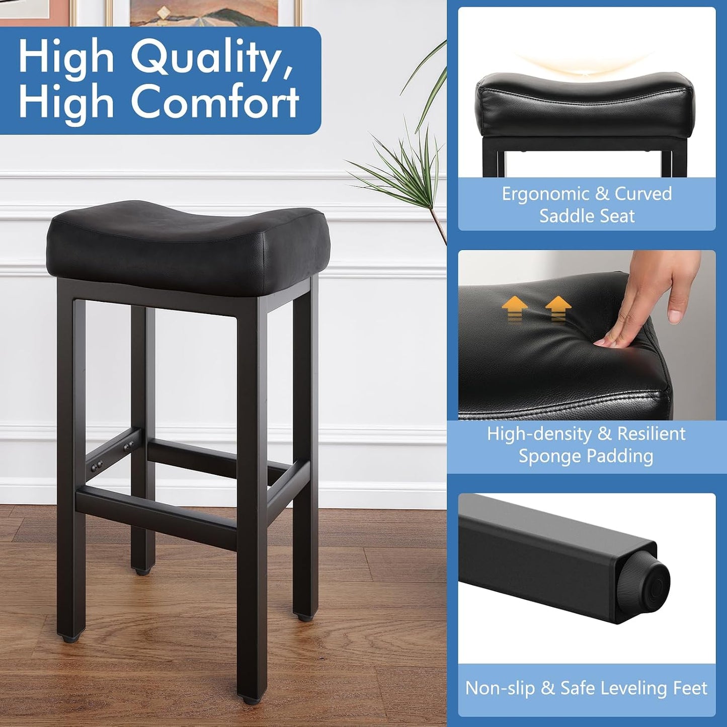 Black Bar Height Stools Set of 2 Upholstered Saddle Kitchen Seats
