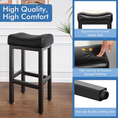 Black Bar Height Stools Set of 2 Upholstered Saddle Kitchen Seats