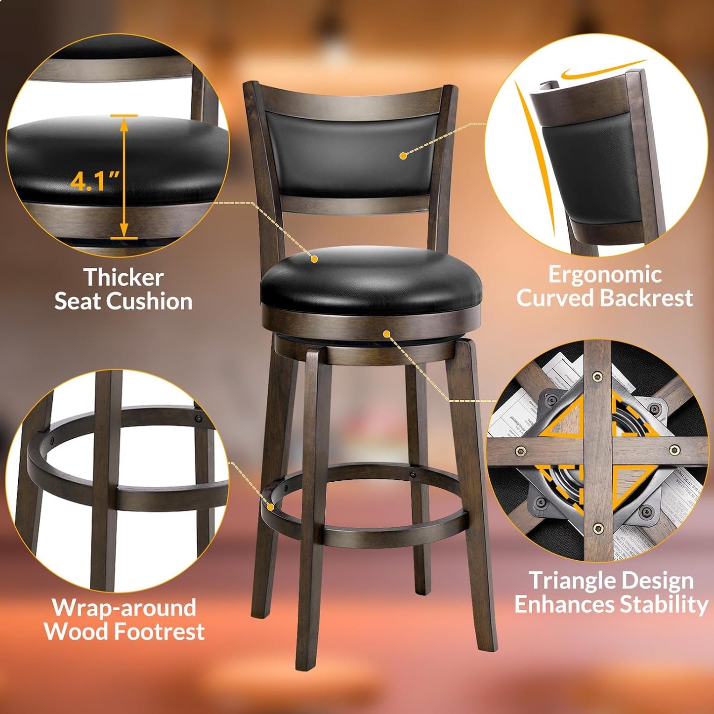 26 Inch Swivel Counter Height Bar Stool Black Faux Leather Solid Wood Frame