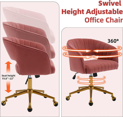 Red Velvet Swivel Desk Chair Adjustable Vanity Chair with Gold Base and Wheels