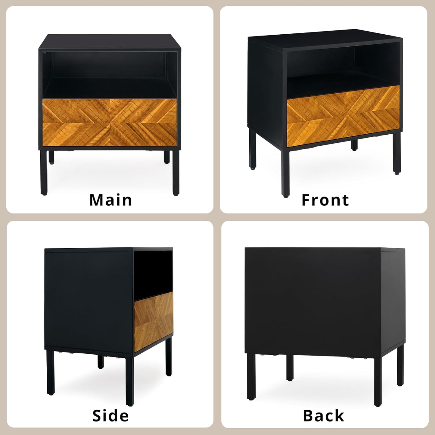 Solid Wood Herringbone Nightstand with Drawer & Open Shelf