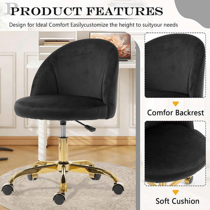 Black Velvet Vanity Chair Gold Base Adjustable Swivel Rolling Desk Chair