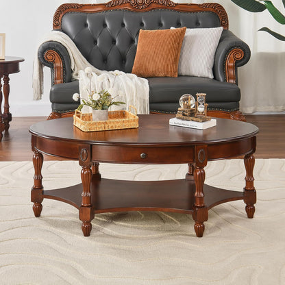 Victorian Oval Solid Wood Coffee Table with Drawer Cherry Walnut Storage Table
