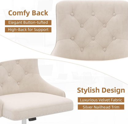 Beige Velvet Swivel Desk Chair Tufted Vanity Chair with Gold Base and Wheels
