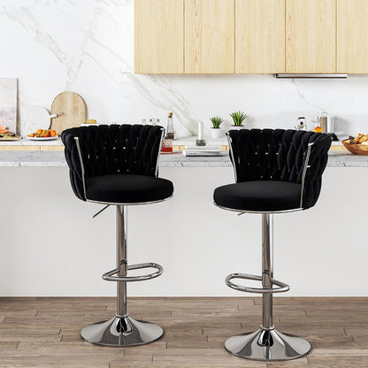 Black Velvet Swivel Bar Stools with Tufted Back Adjustable Height Set of 2