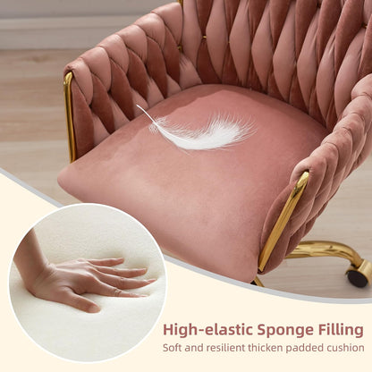 Rose Pink Velvet Vanity Chair Gold Swivel Rolling Office Chair with Wheels