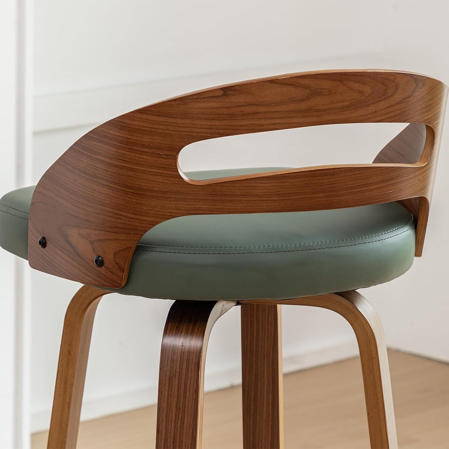 Walnut Green Swivel Counter Stool with Faux Leather Seat Mid Century Bar Chair