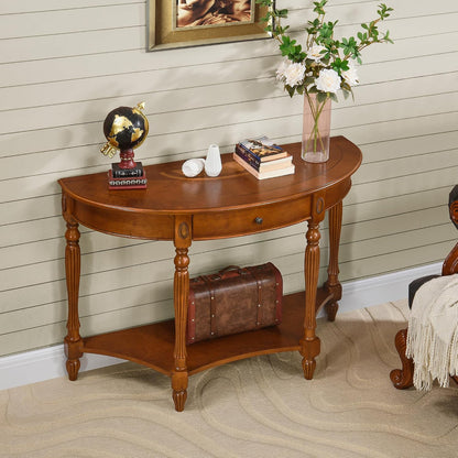 Solid Wood Demi Lune Console Table with Drawer and Storage Shelf