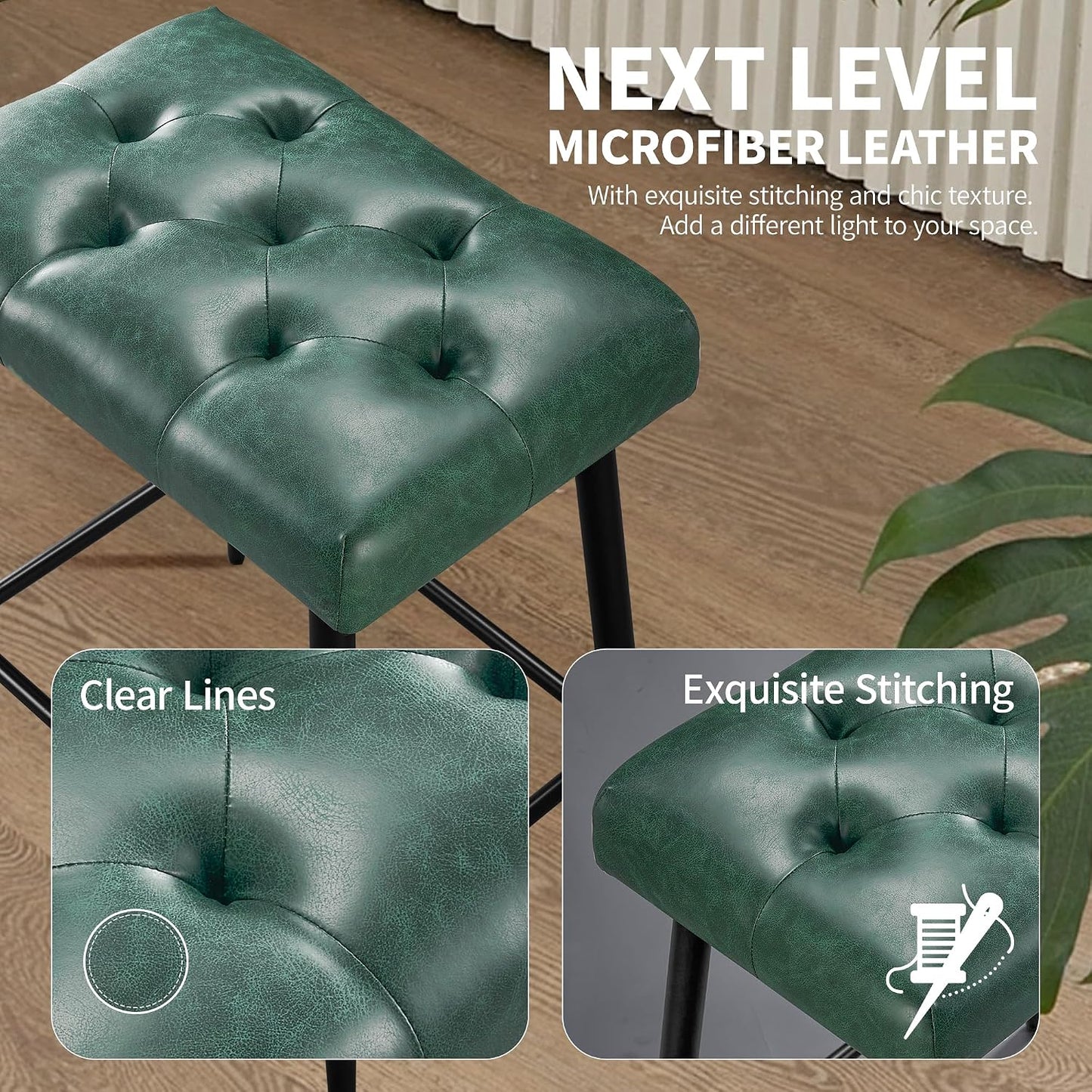 Green Counter Height Bar Stools Set of 2 Upholstered Saddle Seats