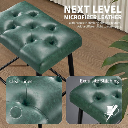 Green Counter Height Bar Stools Set of 2 Upholstered Saddle Seats
