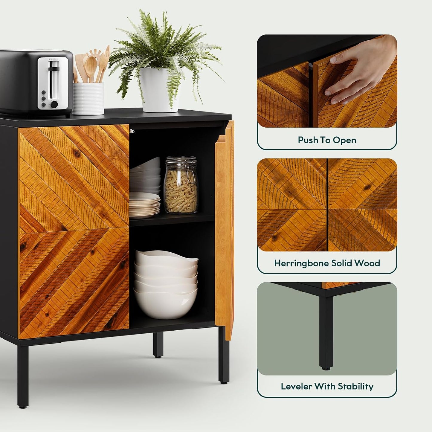 Solid Acacia Wood 3-Door Sideboard with Geometric Pattern