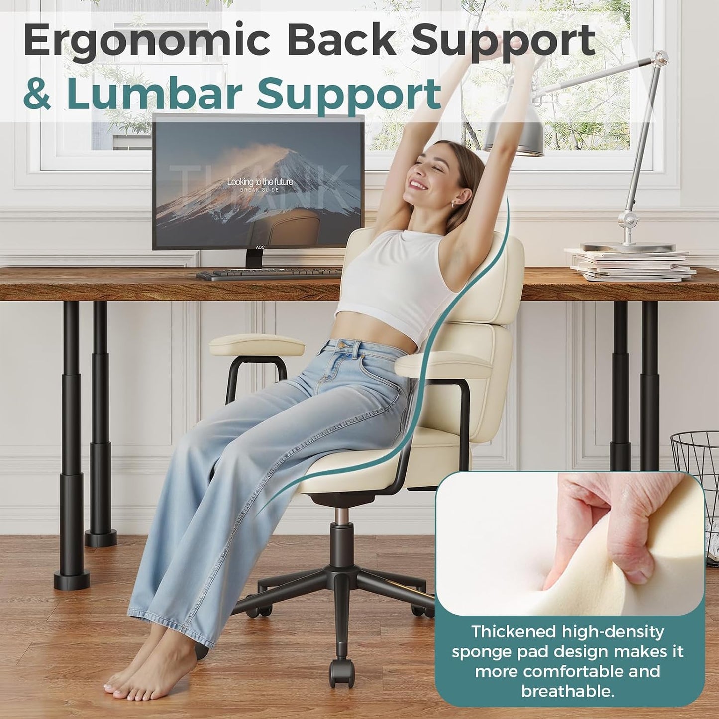 Beige Faux Leather Office Chair Adjustable Swivel Rolling Ergonomic Desk Chair