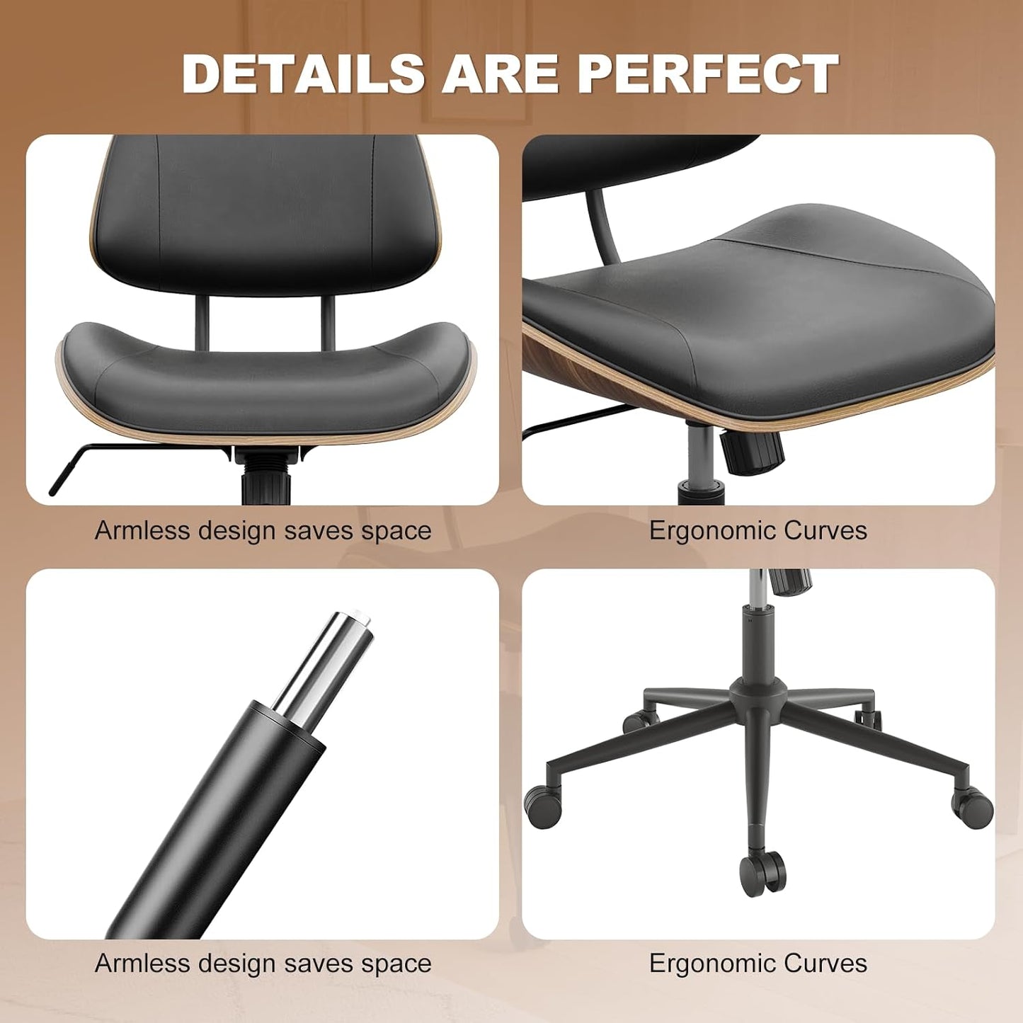 Black PU Leather Office Chair Armless Swivel Desk Chair with Walnut Back and Wheels