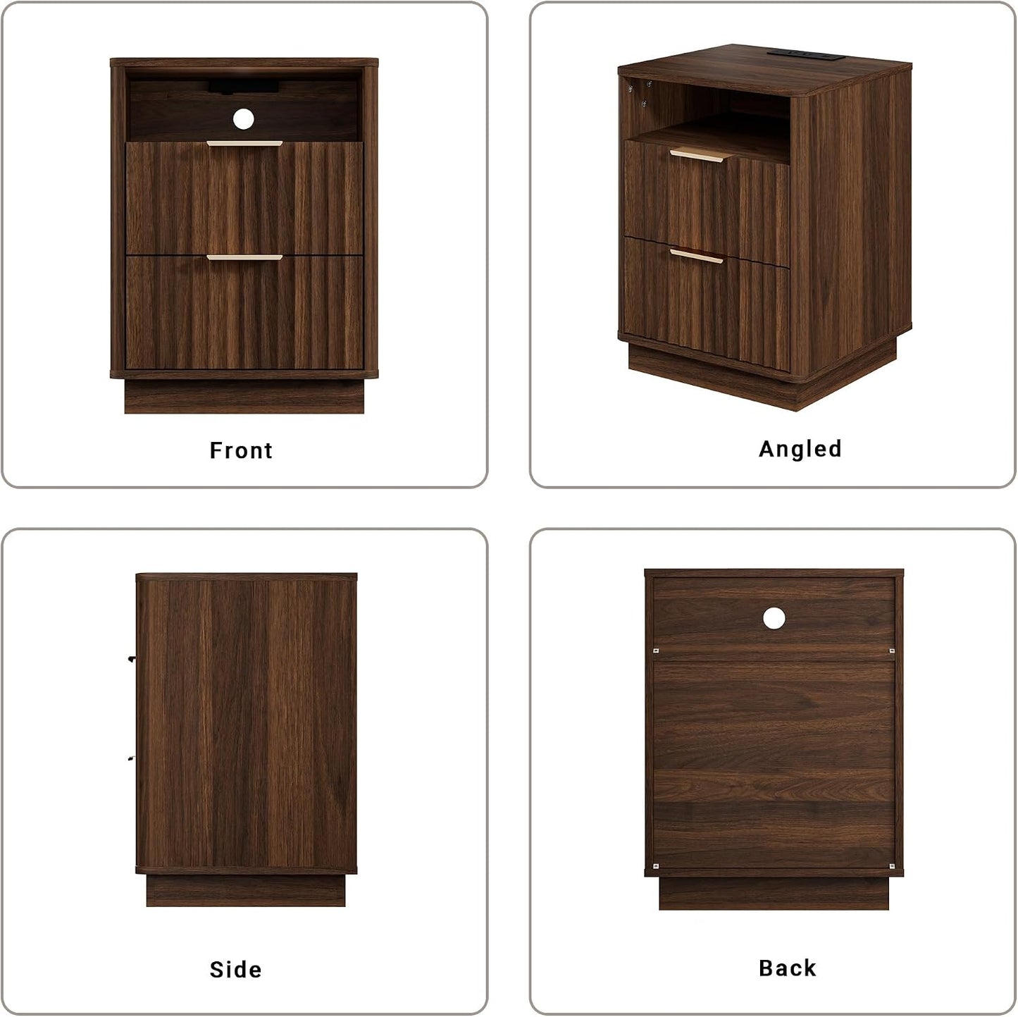 Modern Fluted 2-Drawer Nightstand with Charging Station – Natural Oak