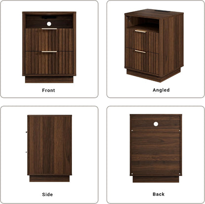 Modern Fluted 2-Drawer Nightstand with Charging Station – Natural Oak
