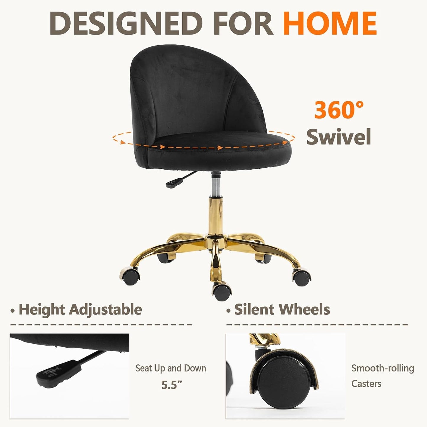 Black Velvet Vanity Chair Gold Base Adjustable Swivel Rolling Desk Chair